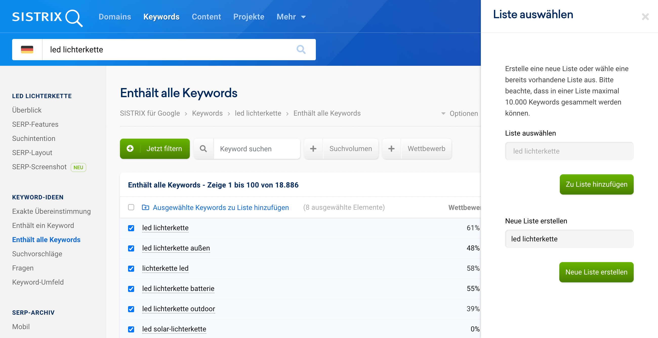 Eine Keyword-Tabelle, aus der Keywords in eine Liste übernommen werden können