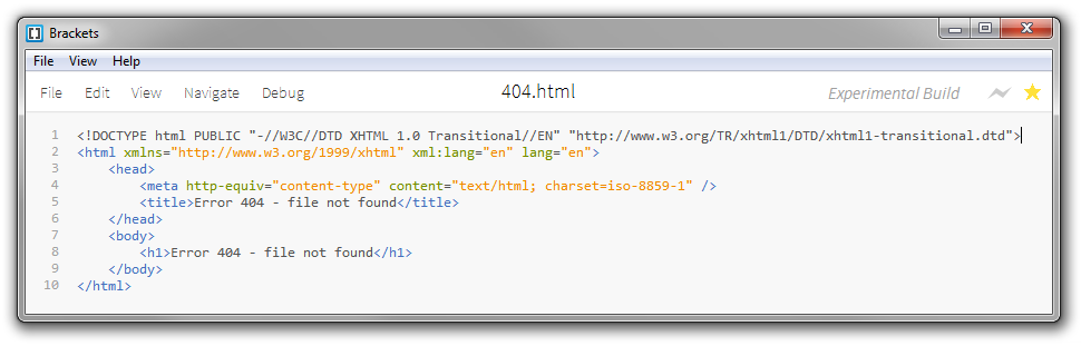 Source code: HTML markup of a 404 error page