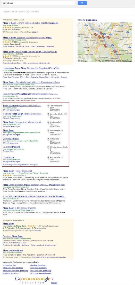 Marked in red: Places-entries as local hybrid results on the organic search result page