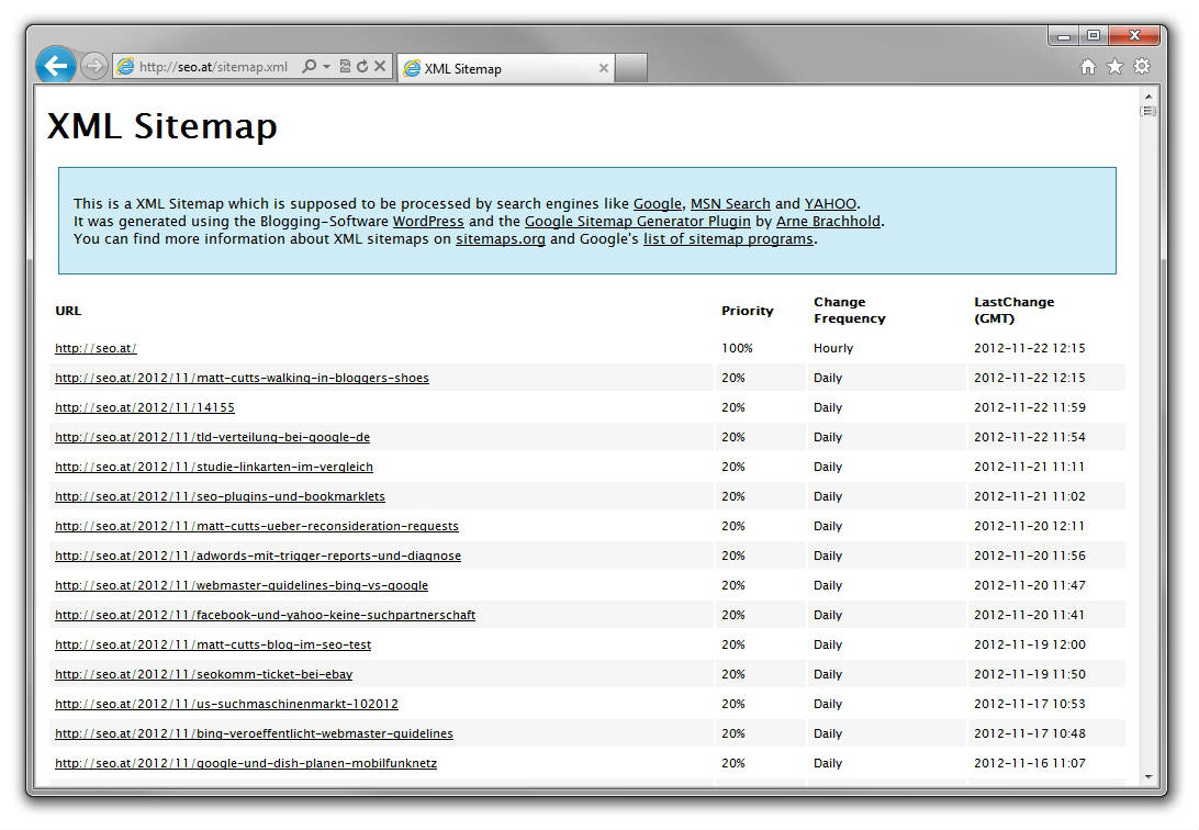 The sitemap.xml for the domain seo.at, opened in a browser