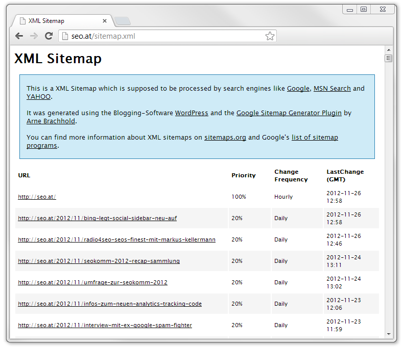 Aufruf einer mittels CSS formatierten XML-Sitemap in einem Webbrowser; hier von seo.at