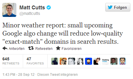 Matt Cutts on Twitter: https://twitter.com/mattcutts/status/251784203597910016