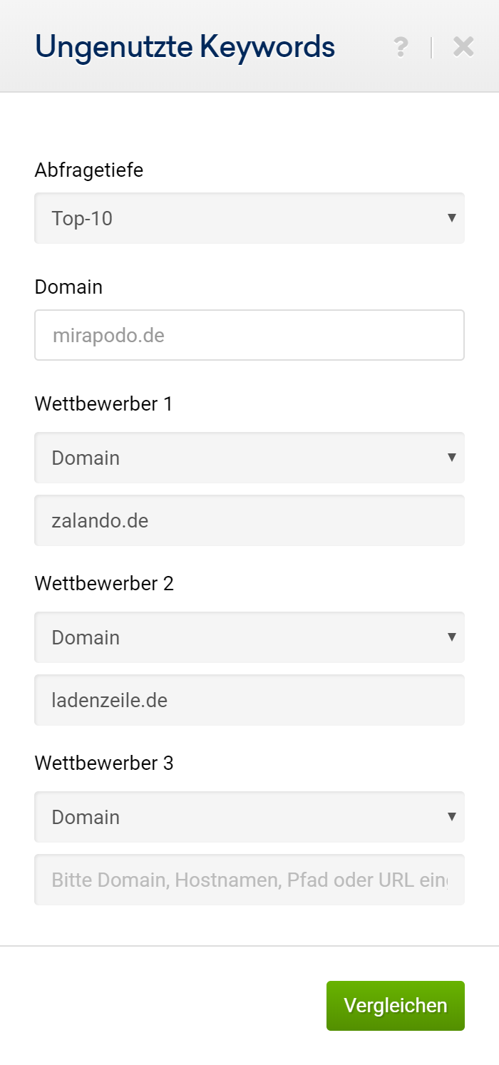 Auswahlmaske der ungenutzten Keywords. Es wurden die Domains zalando.de und ladenzeile als Wettbewerber 1 und 2 von maximal 3 eingegeben und die Begrenzung auf die Top-10 Ergebnisse gesetzt.