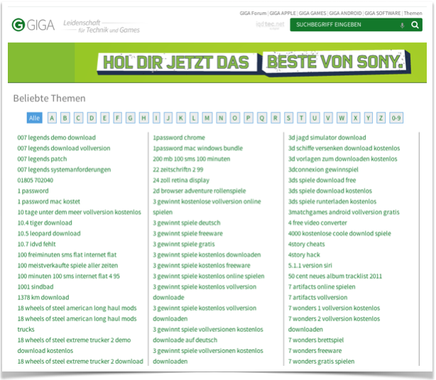 Screenshot HTML-Sitemap mit beliebten Themen bei giga.de