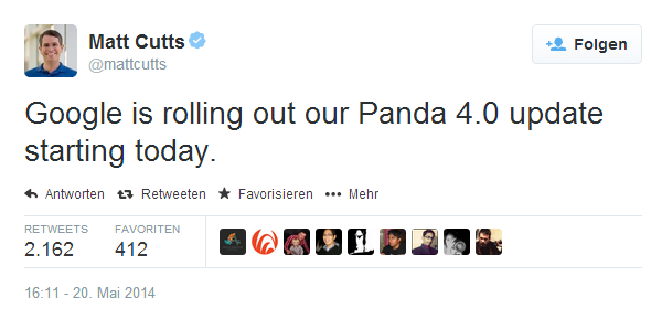 Matt Cutts Tweet über den Rollout des Google Panda Updates 4.0