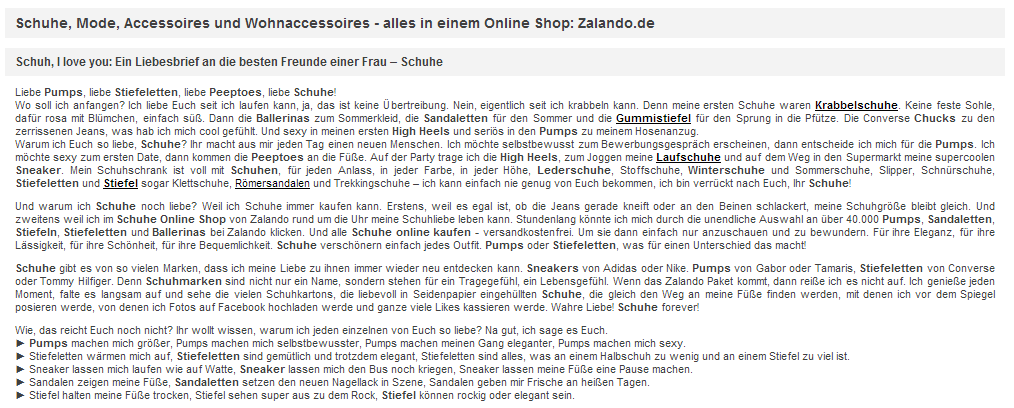 Startseite von Zalando.de mit einem vermeintlichen SEO-Text