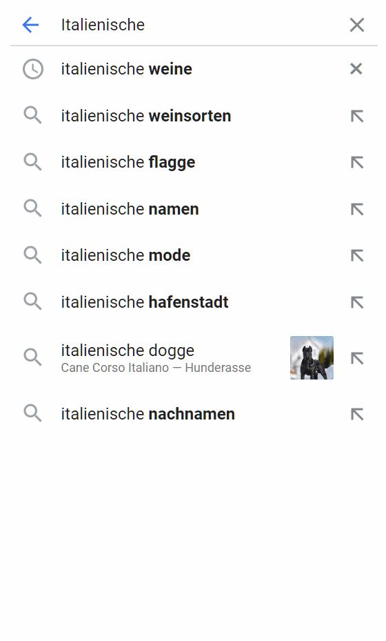 Google Search Autocomplete für "Italienische Weine"