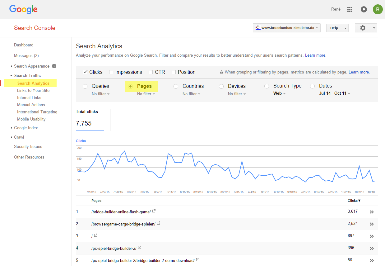 Google Search Console affiches les URLs importantes