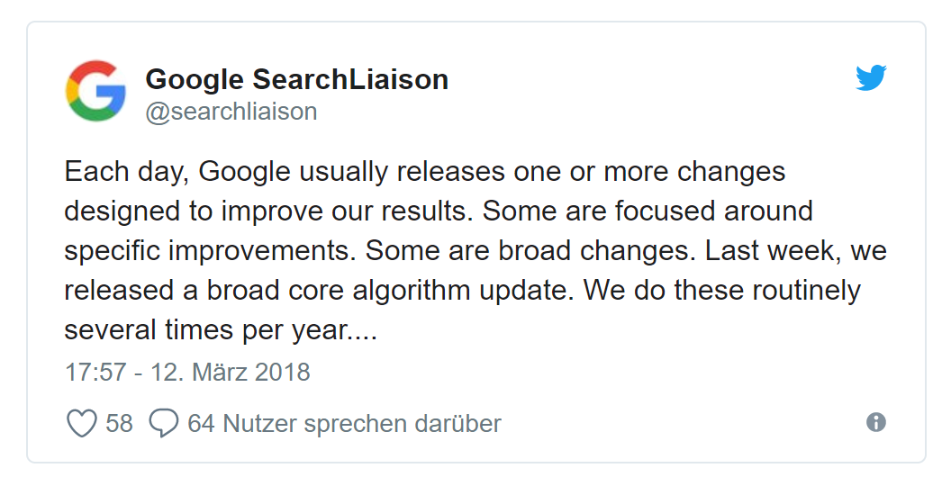 El 12 de marzo 2018, Google confirmó oficialmente que había llevado a cabo un “Cambio en el núcleo del algoritmo” a través del fundador de SearchEngineLand y ahora portavoz de Google, Danny Sullivan.