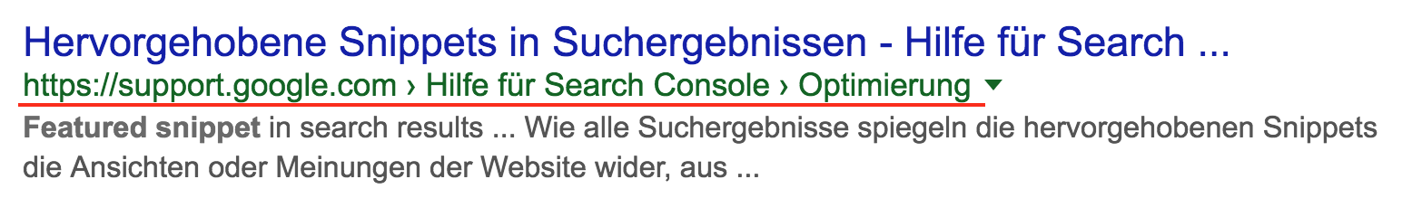 Suchergebnis bei Google für die Information über hervorgehobene Snippets in Suchergebnissen. Anstelle der URL werden die Breadcrumbs angezeigt.