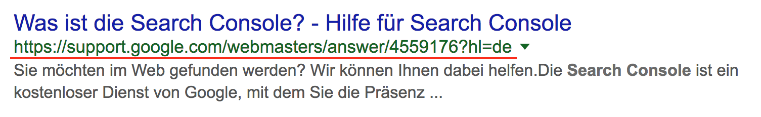 Suchergebnis bei Google für die Frage, was die Search Console ist? Hier zeigt Google regulär die URL des Dokuments an.