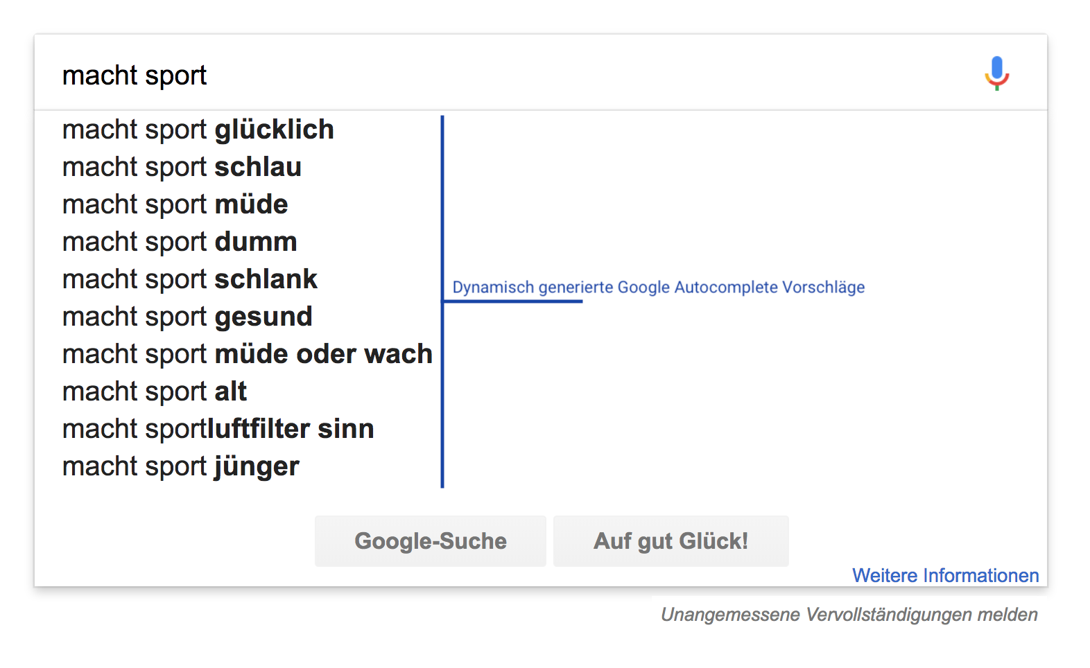 Zeigt die Google Suggest Suchvorschläge für das Keyword "macht sport" an.