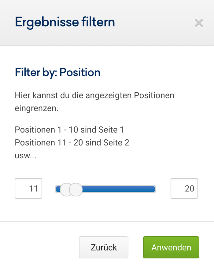 Positions-Filter in der SISTRIX Toolbox mit der Einstellung 11 bis 20.