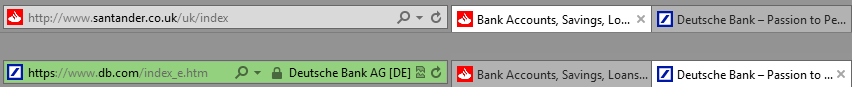 Screenshot mit zwei Browserzeilen, oben die der Santander Bank, ohne SSL-Zertifikat, und darunter für die Deutsche Bank, mit SSL-Zertifikat. Die Zeile für die Deutsche Bank ist grün hinterlegt.
