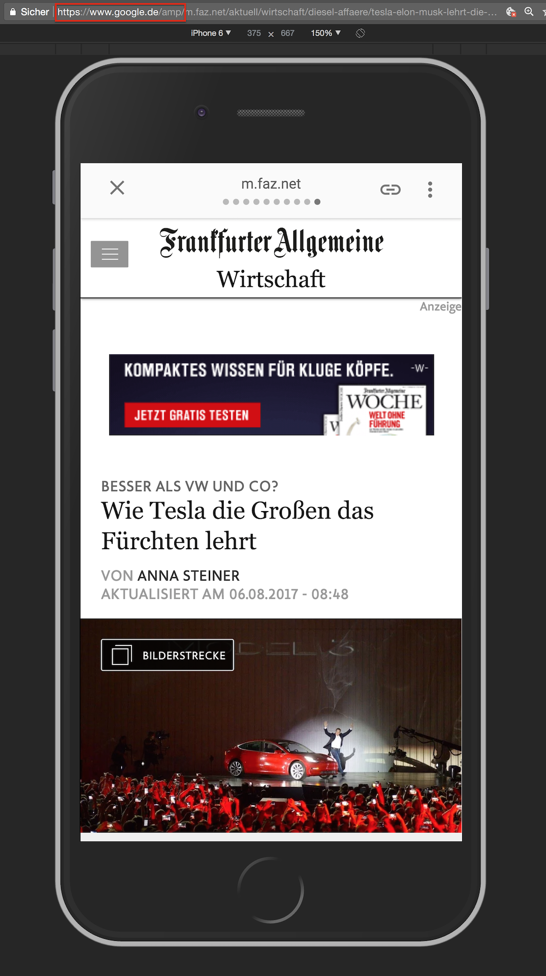 Mobiel Screenshot der FAZ auf der URL www.google.de/amp/...