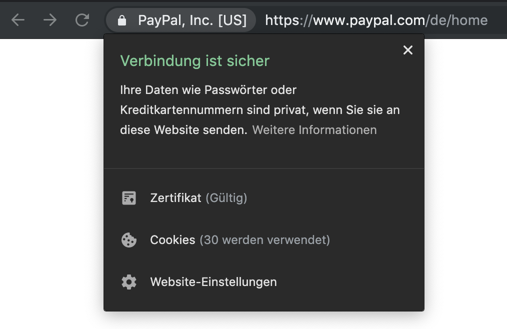 Zeigt das SSL-Zertifikat für die Seite Paypal.com im Chrome Browser an.