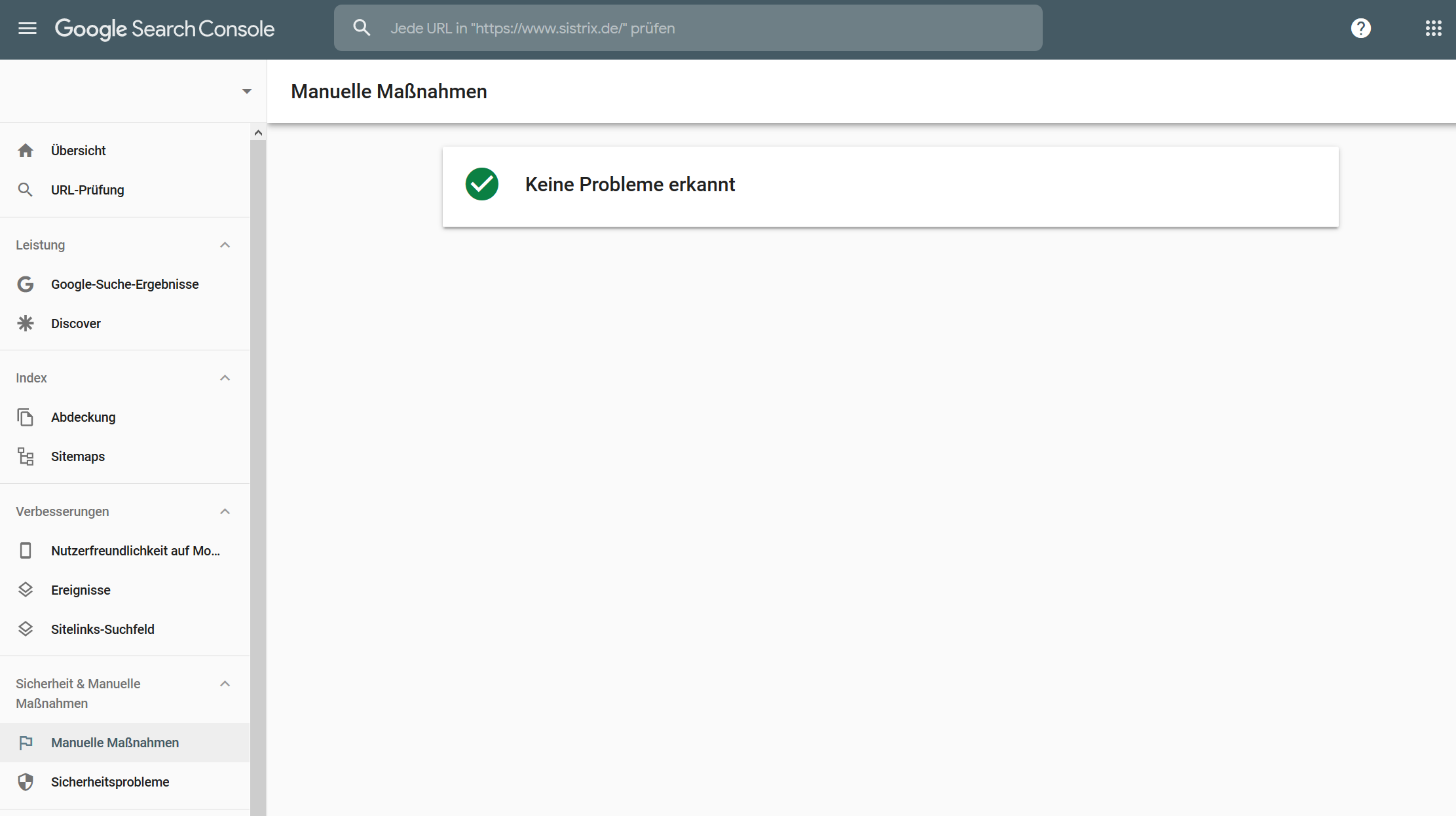 Screenshot aus der Google Search Console im Navigationsunterpunkt "Manuelle Maßnahmen". Bei dieser Webseite wurden keine Probleme erkannt.