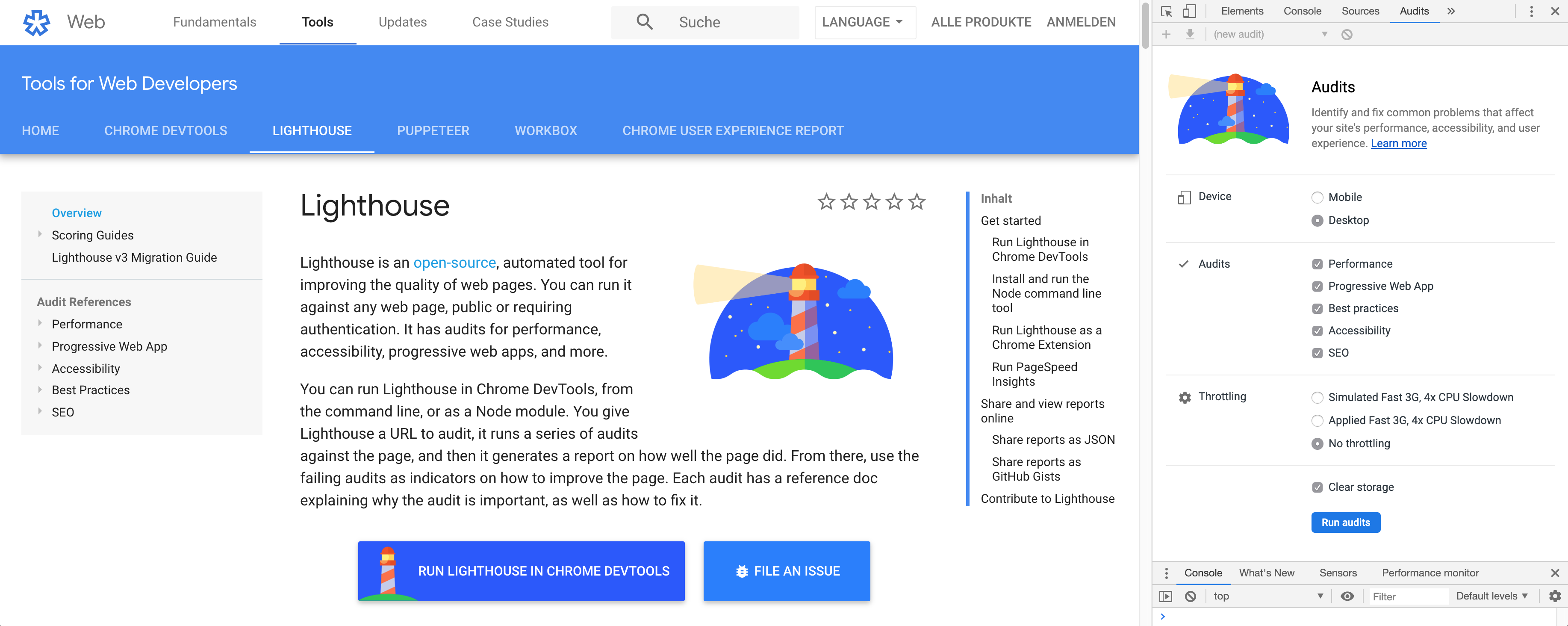 Google Chrome Browser mit geöffneter Developer-Console. Dort ist der Audits Tab ausgewählt, welcher die möglichen Lighthouse Audits anzeigt.