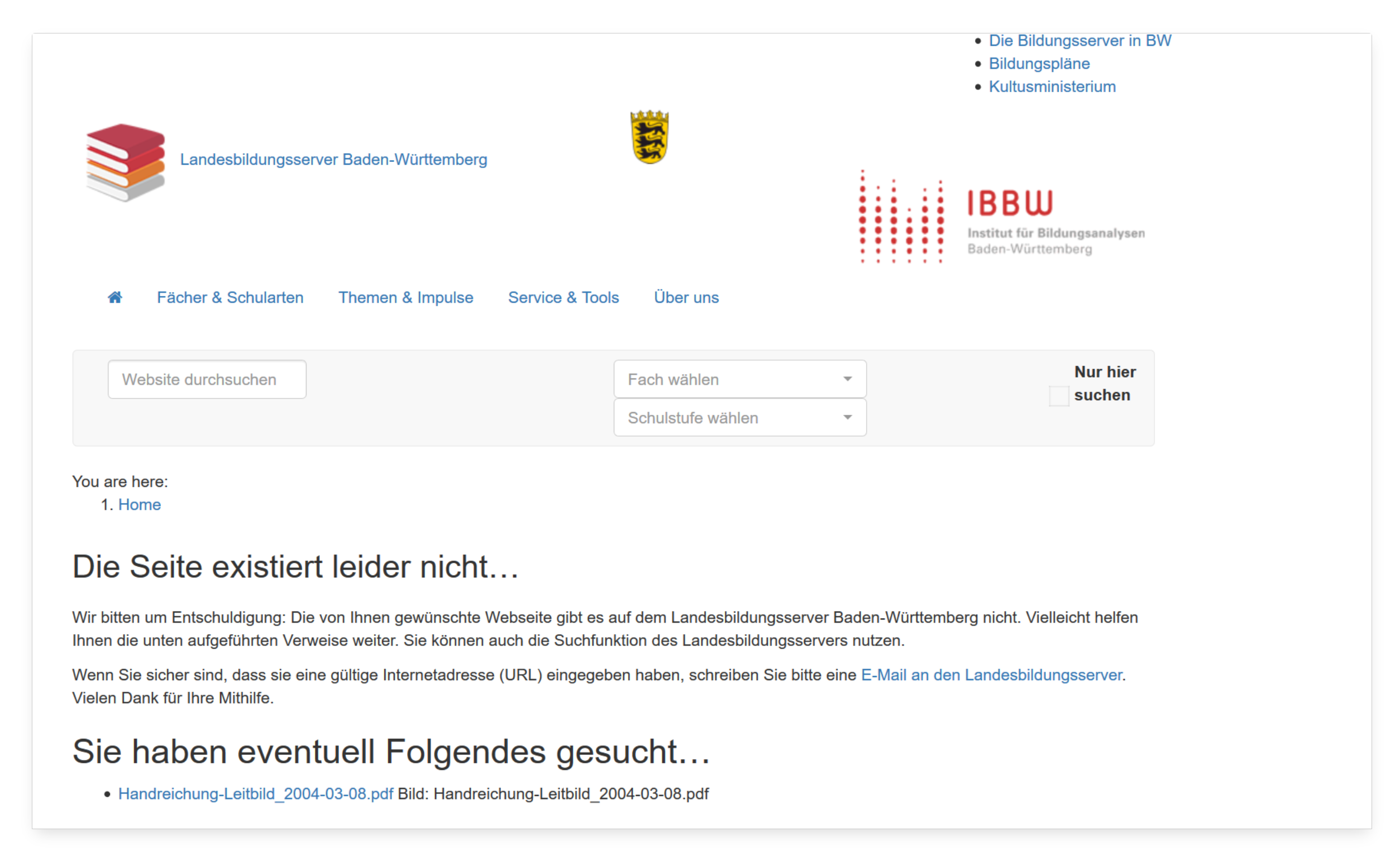 Die gesuchte Webseite zeigt einen Hinweis, dass die gesuchte Seite leider nicht existiert.