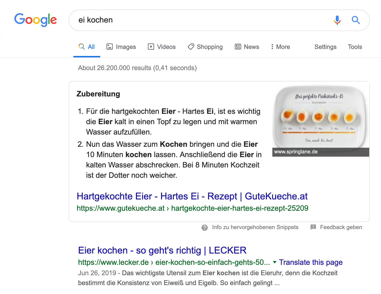 Suchergebnisseite für die Suchanfrage "ei kochen". Als erstes wird ein Featured Snippet Kasten angezeigt in dem ein eine Auflistung steht.