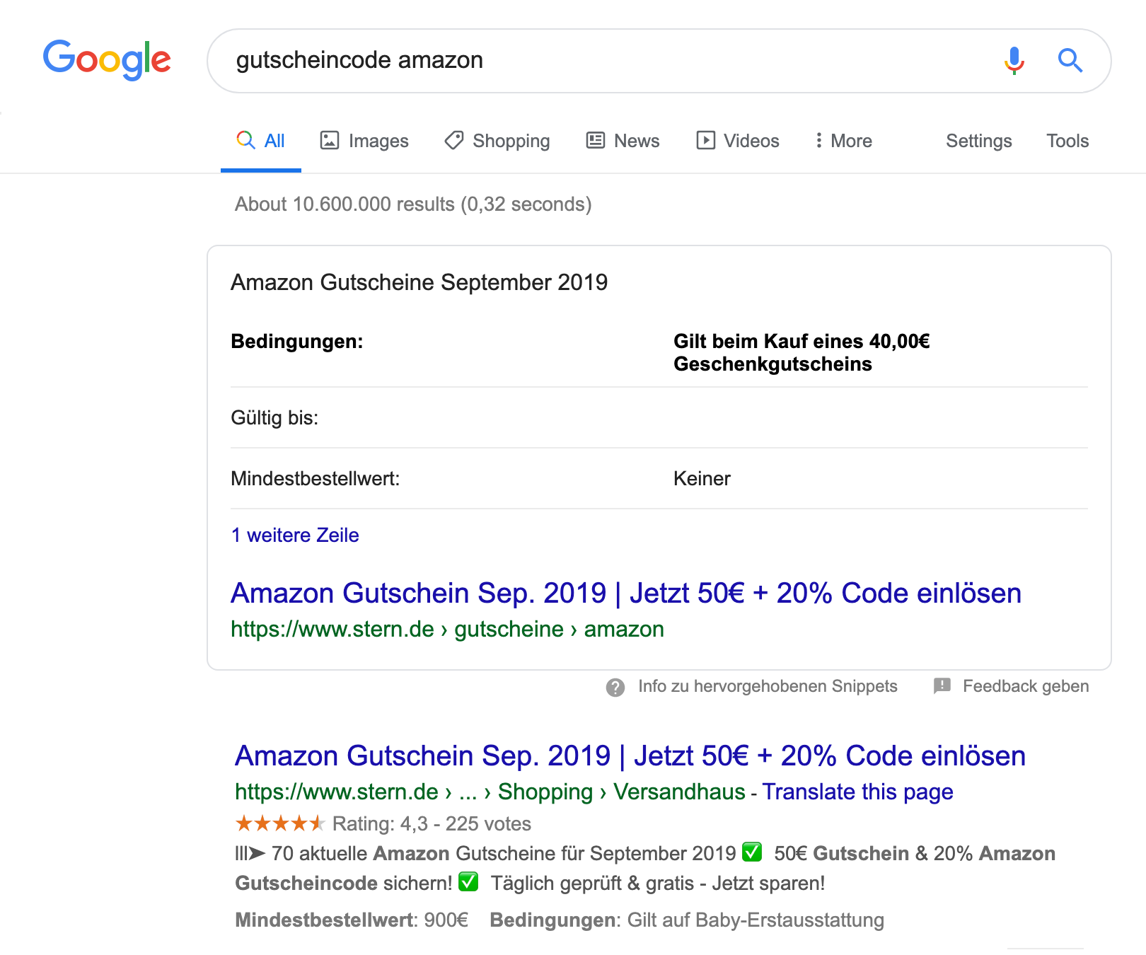 Suchergebnisseite für die Suchanfrage "gutscheincode amazon". Als erstes wird ein Featured Snippet Kasten angezeigt in dem eine Tabelle abgedruckt ist.