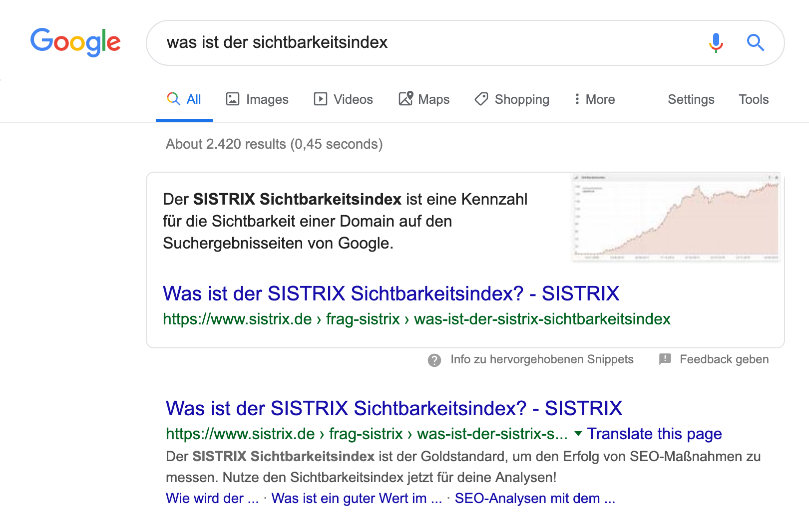 Beispiel Als erstes wird ein Featured Snippet Kasten angezeigt.