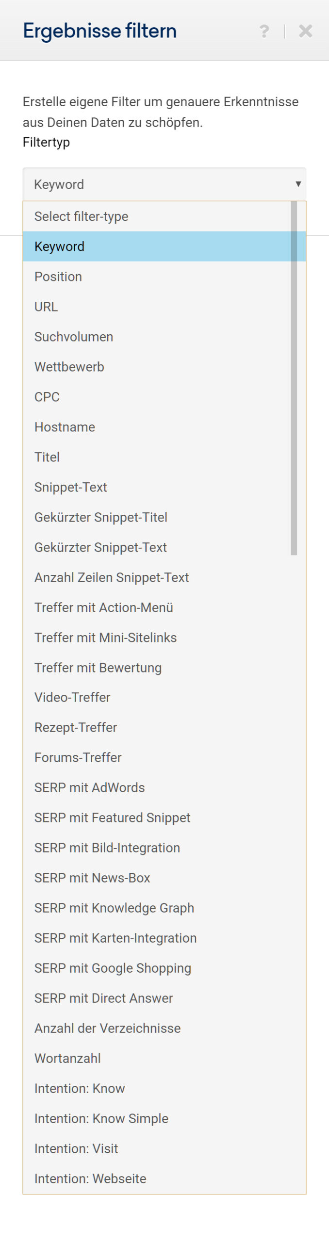 Auswahl mit allen Filter-Möglichkeiten in der Keyword-Tabelle der SISTRIX Toolbox.