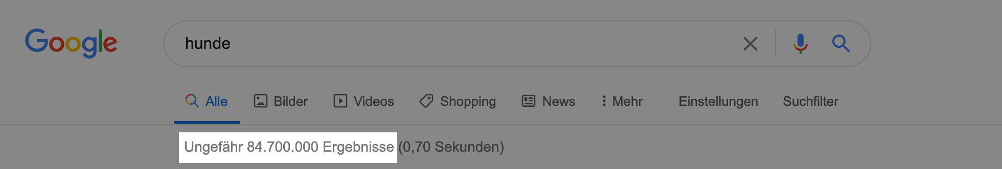 Beispiel-Suchanfrage bei Google für das Keyword "hunde". Hervorgehoben ist die Information "Ungefähr 84.700.000 Ergebnisse".