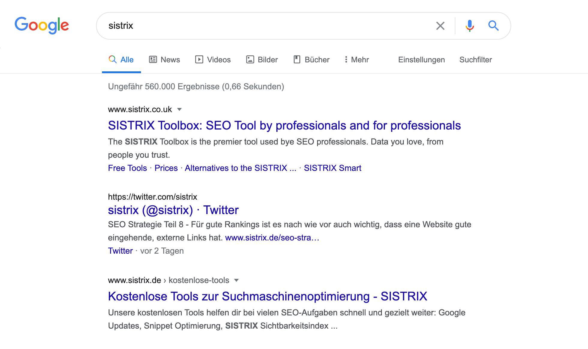 Suchergebnisseite bei Google für den Suchbegriff "sistrix"