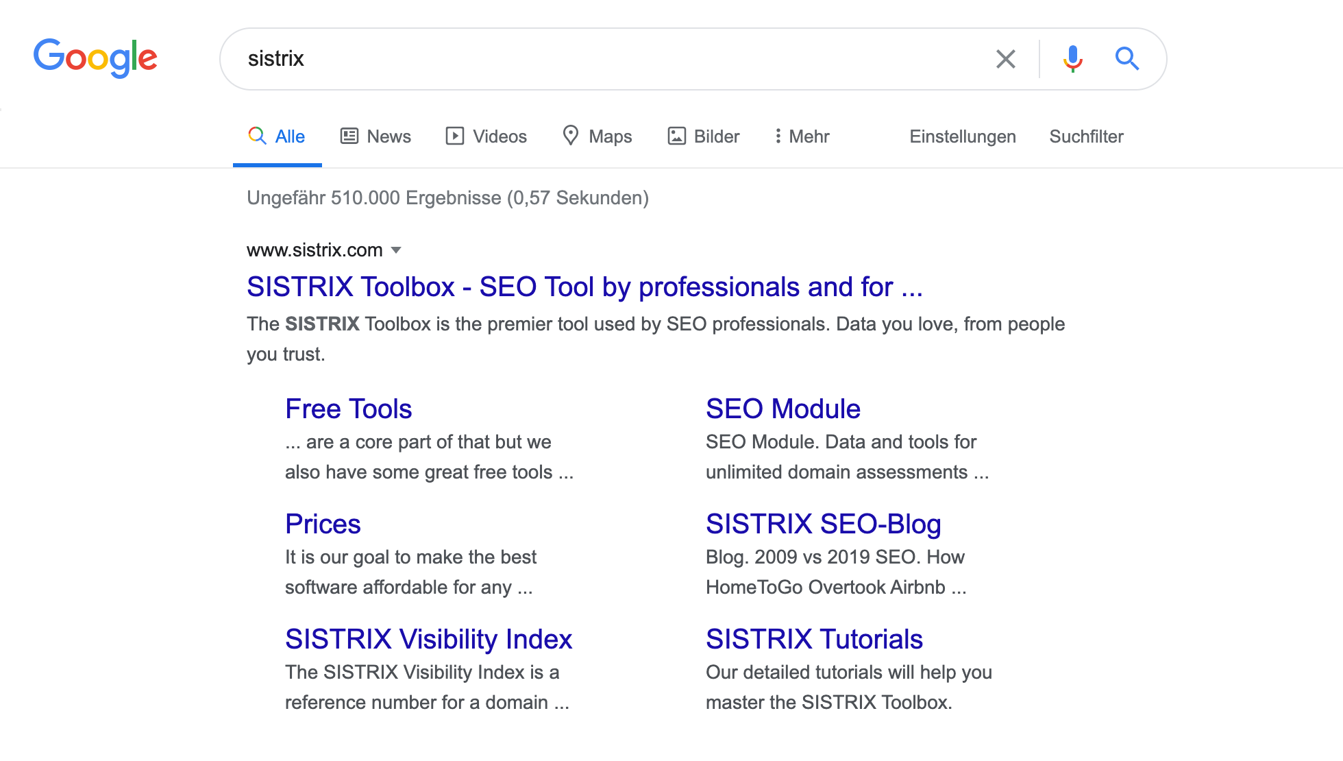 Suchergebnisseite bei Google für den Suchbegriff "sistrix"