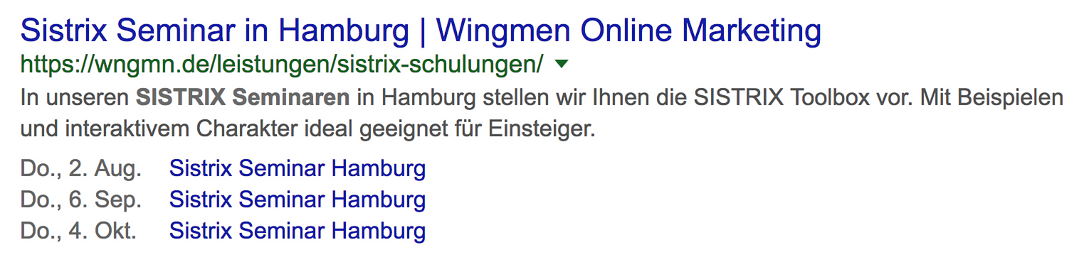 Zeigt ein Suchergebnis bei Google an. Unterhalb des Suchergebnisses werden in diesem Fall drei Events angezeigt