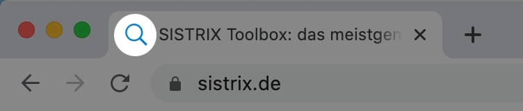 Zeigt das Favicon der Seite sistrix.de im Google Chrome Browser. Das Favicon befindet sich auf der linken Seite des Seitentabs im Browser. Nach dem Favicon wird der Title der Webseite angezeigt.