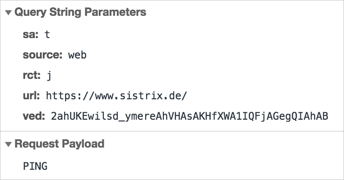 Zeigt die Query String Parameters nach einem Klick auf sistrix.de in den Suchergebnissen von Google.
