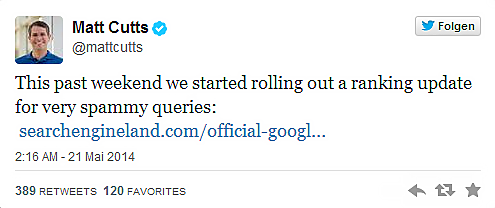 Post Twitter di Matt Cutts in cui annuncia il lancio del Payday Loan Update 2.0