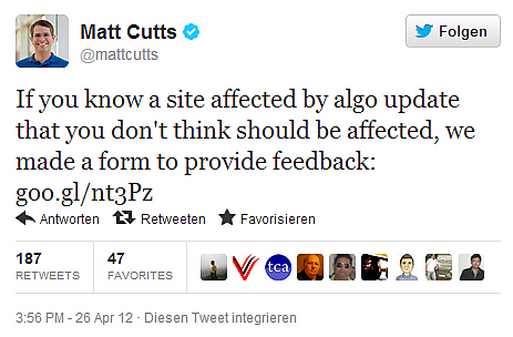 Tweet de Matt Cutts "Si crees que un (tu) sitio web ha sido marcado erróneamente como "Webspam" y castigado por el Penguin Update, puedes informar a Google sobre ello a través de un formulario especial."