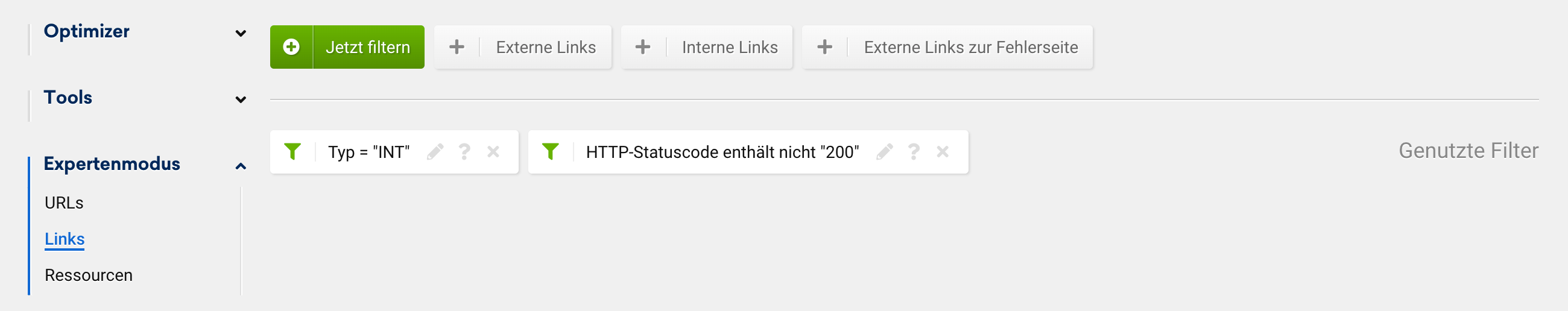 Optimizer Expertenmodus-Unterpunkt Links mit Filtern "Typ: INT" und "HTTP-Statuscode enthält nicht 200".