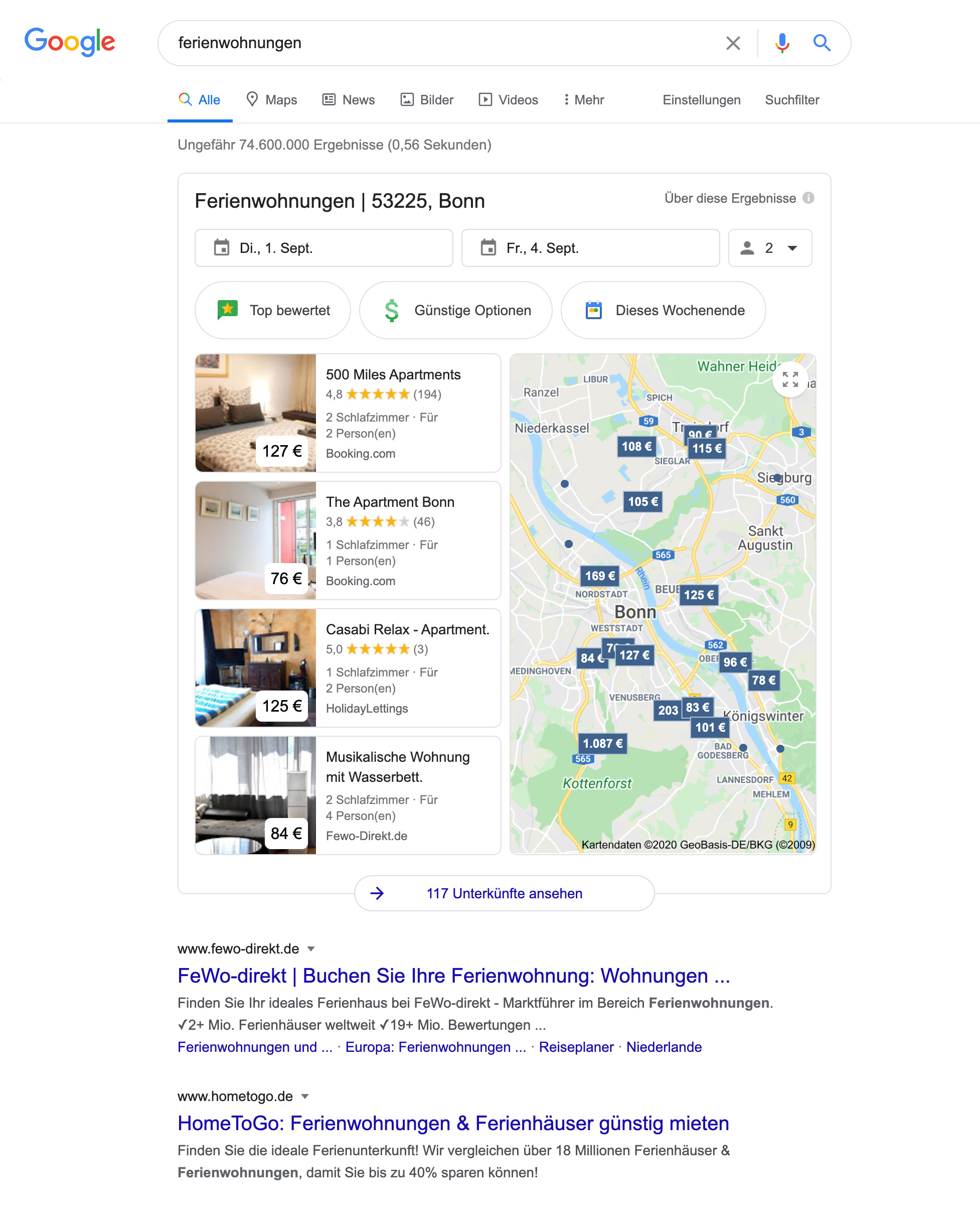 Zeigt die Google Maps Integration innerhalb der Google Suchergebnisse an.