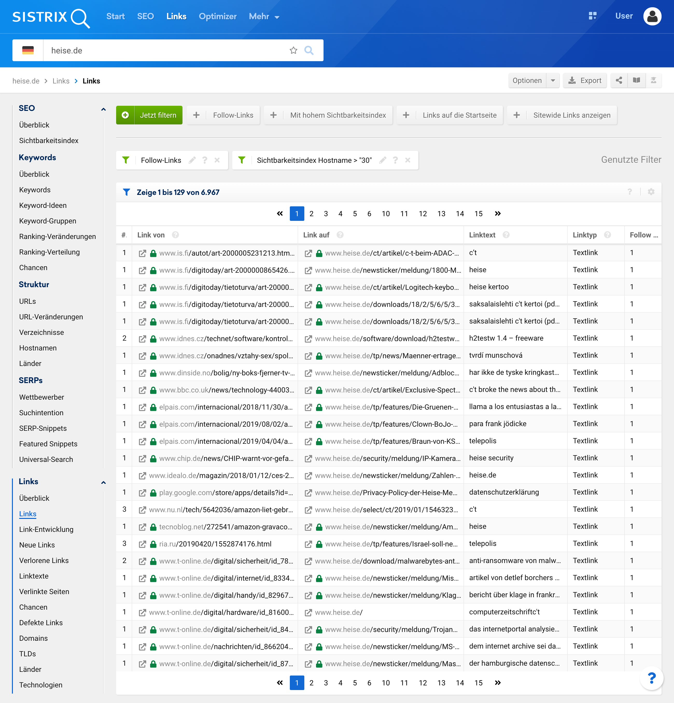 Zeigt die Links-Seite im Links-Modul der SISTRIX Toolbox für die Domain heise.de an.