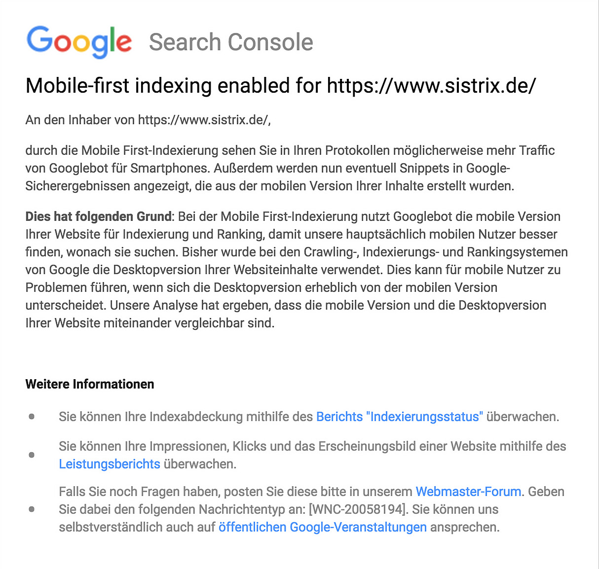 Zeigt eine Mitteilung der Google Search Console an, die die Aktivierung des Mobile-First Index für die Website sistrix.de ankündigt.