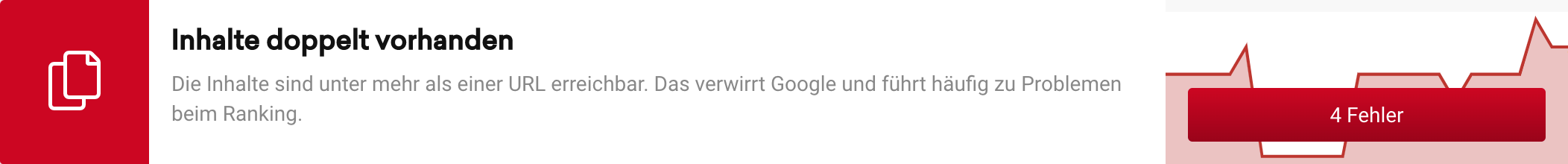 Fehler aus dem SISTRIX Optimizer, der automatisiert auf Duplicate Content hinweist.