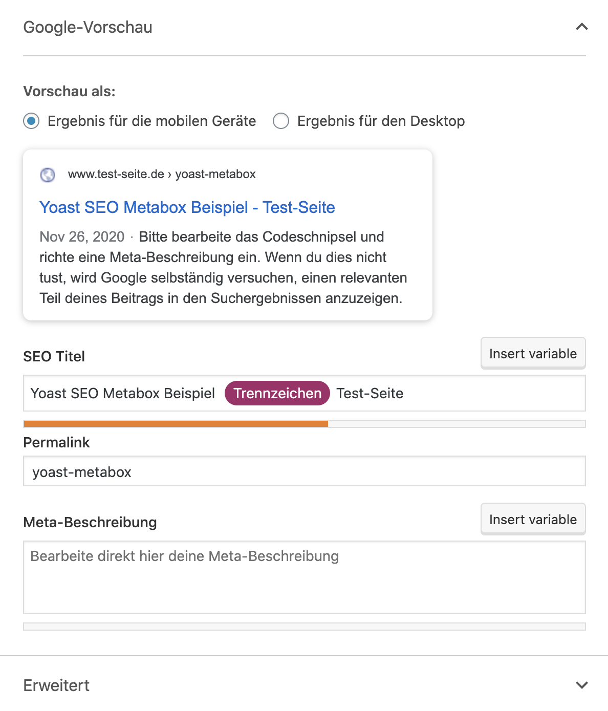 Yoast SEO Metabox Beispiel
