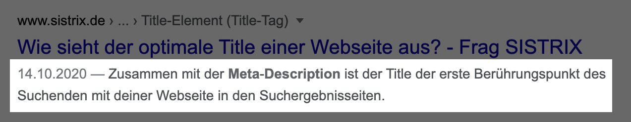 Beispielbild für ein Suchergebnis bei Google. Die Meta-Beschreibung ist hier zur Kennzeichnung hervorgehoben.