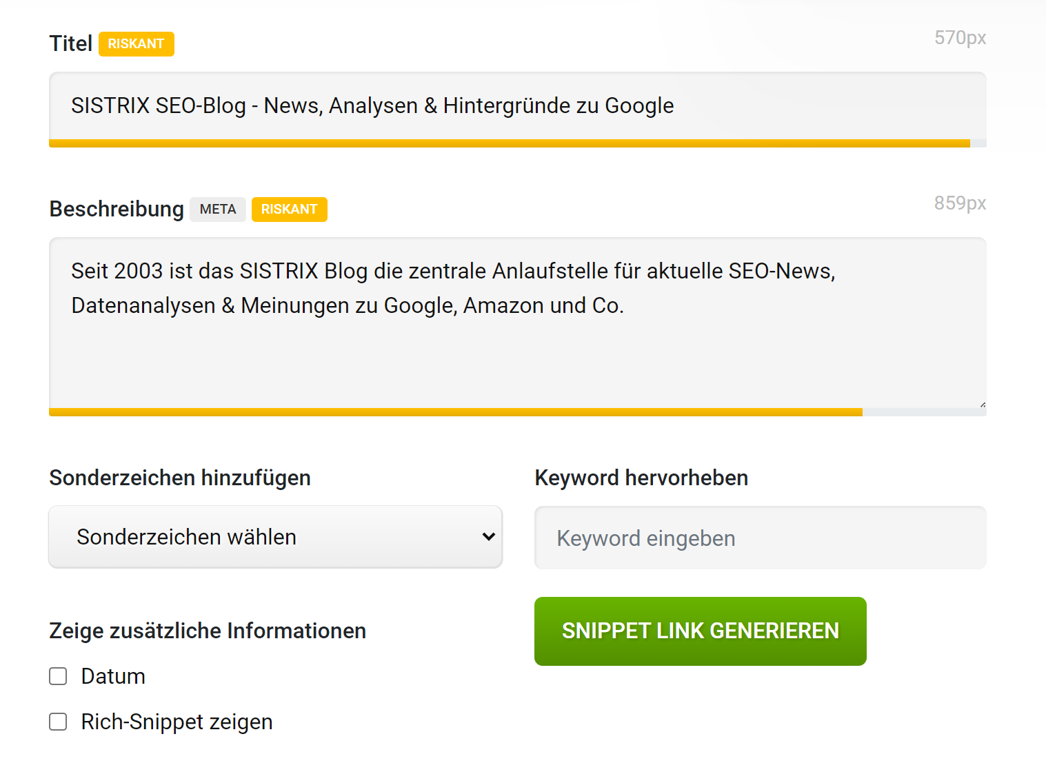 Screenshot des SISTRIX SERP Snippet Generator.