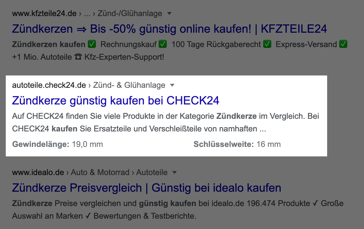 Suchergebnis von check24.de auf der Suchergebnisseite von Google.