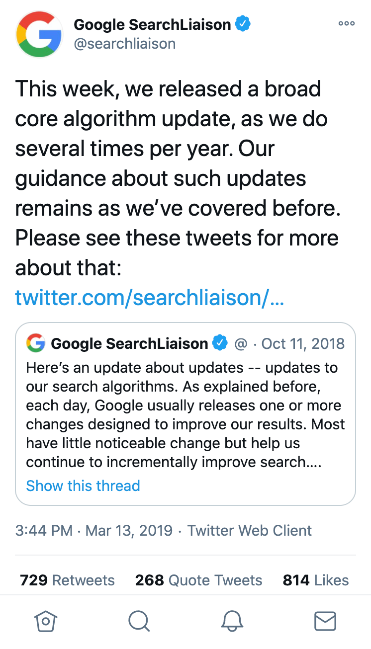 post twitter di Google SearchLiaison riguardante il Google Core Update del 2018