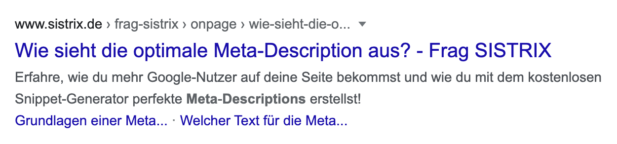 Zeigt ein Beispiel-Google-Suchergebnis für die Seite "Wie sieht die optimale Meta-Description aus?" aus der Frag SISTRIX-Wissendatenbank an.
 