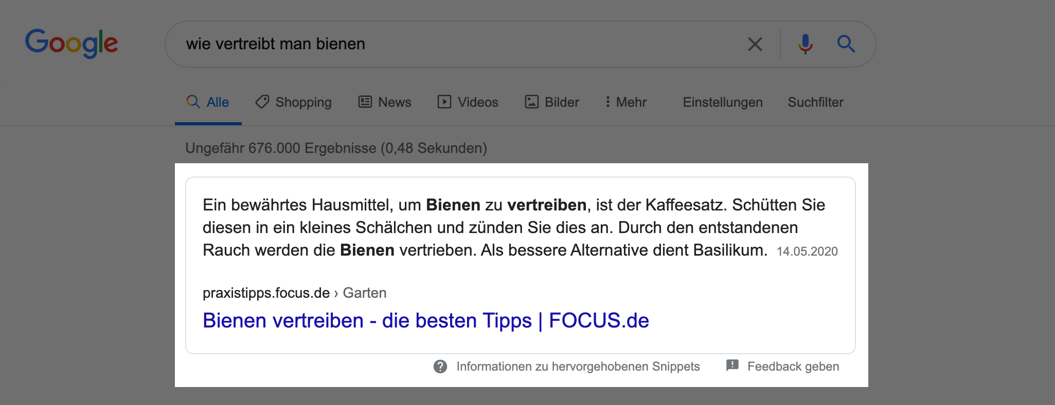 Zeigt ein Beispiel-Featured Snippet in den Google Suchergebnissen für den Suchbegriff "wie vertreibt man bienen" an. 