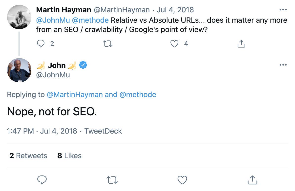 Antwort-Tweet von John Mueller. Die Frage lautet, ob absolute vs. relative URLs eine Bedeutung für SEO haben. Die Antwort lautet nein.