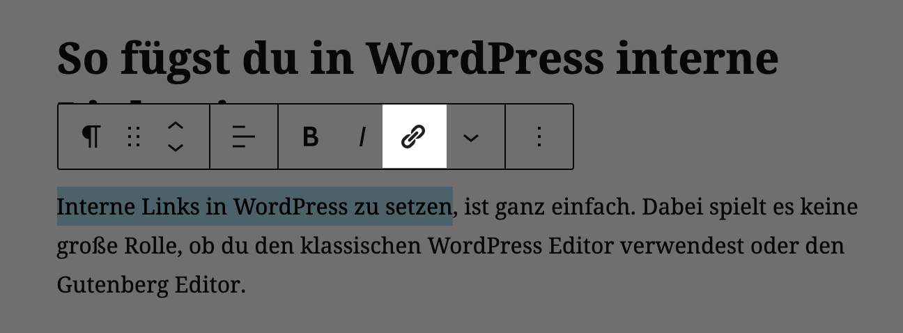 Link-Einfügen-Symbol im Gutenberg Editor in WordPress.