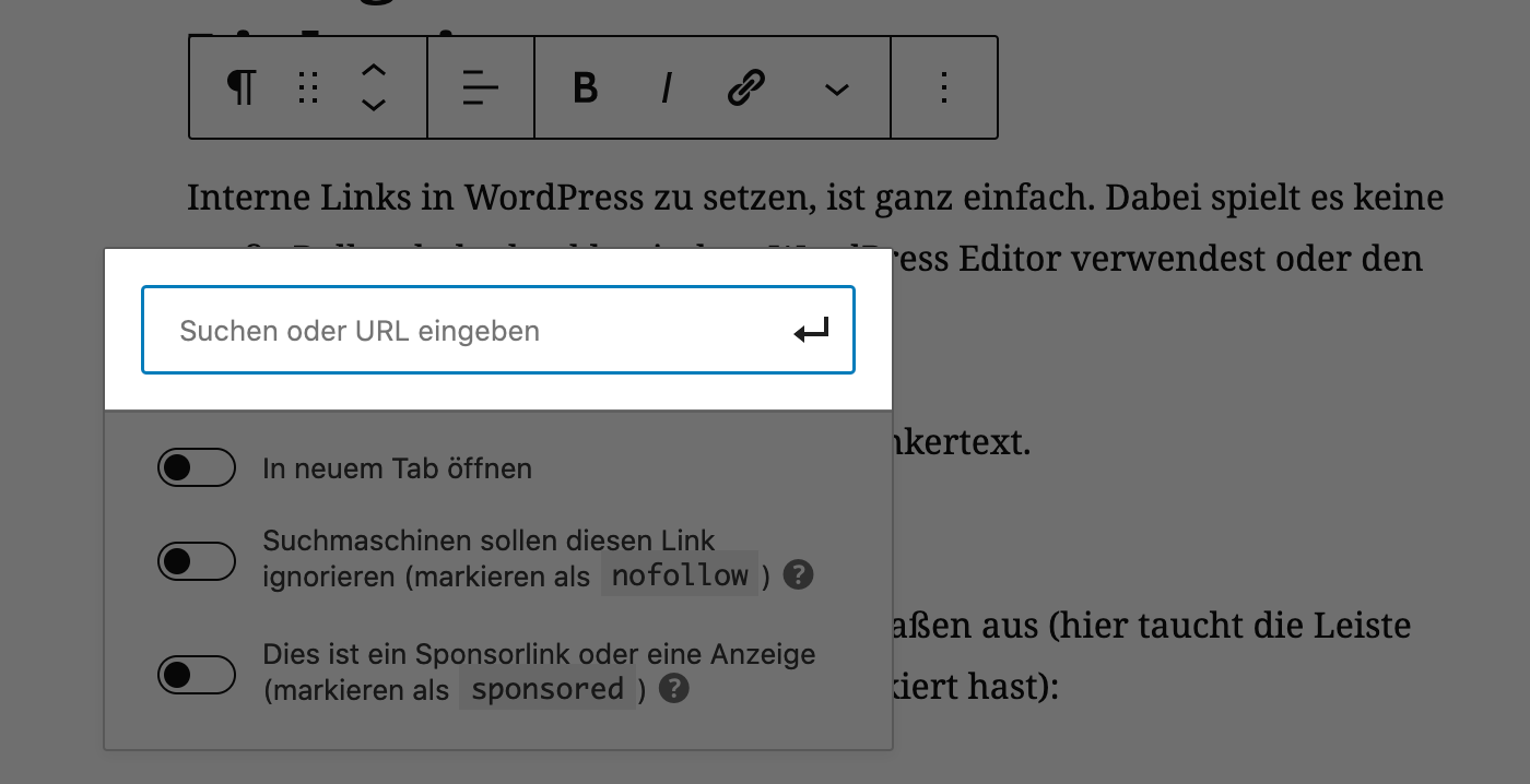 Eingabefeld für das Hinzufügen einer URL in WordPress.